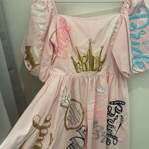 QUEEN OF SPARKLES Pink Mini Dress with Gold and Blue Accents